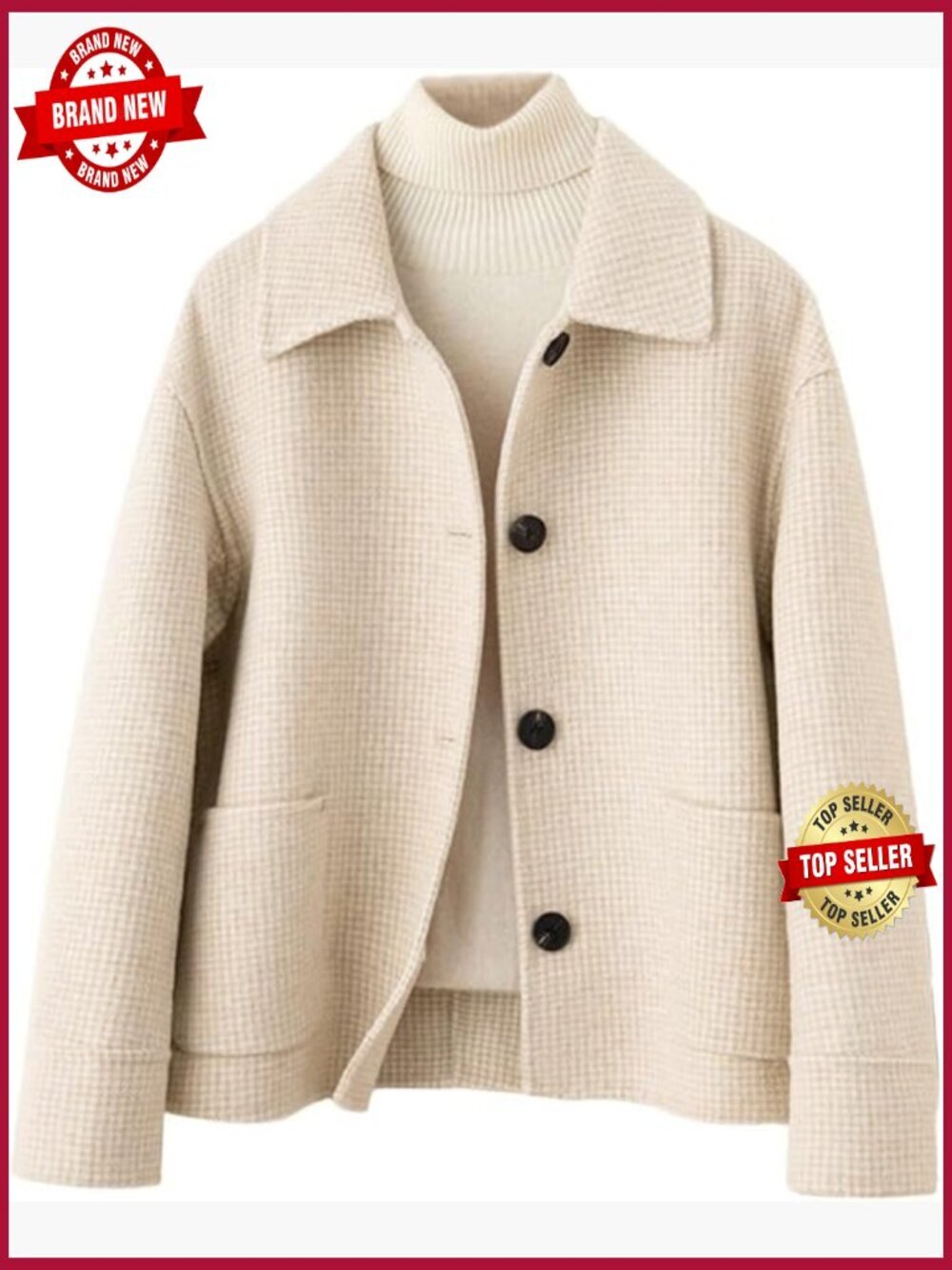 Elegant Houndstooth Plaid Cropped Wool Blend Pea Coat with Pockets